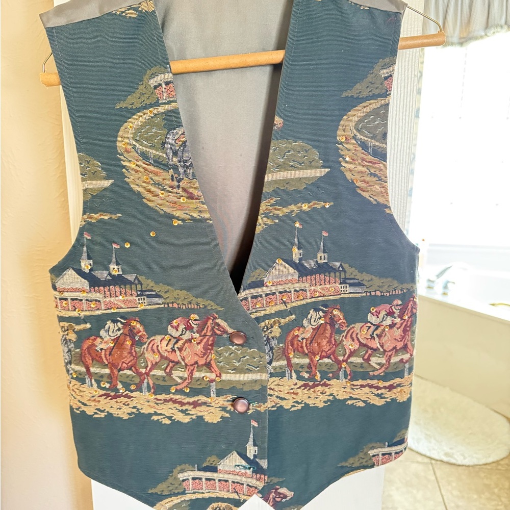 Equestrian Print Vest with Button Closure